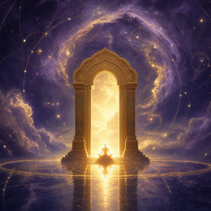 A calm violet-and-gold cosmos with rising columns of light — expanded consciousness