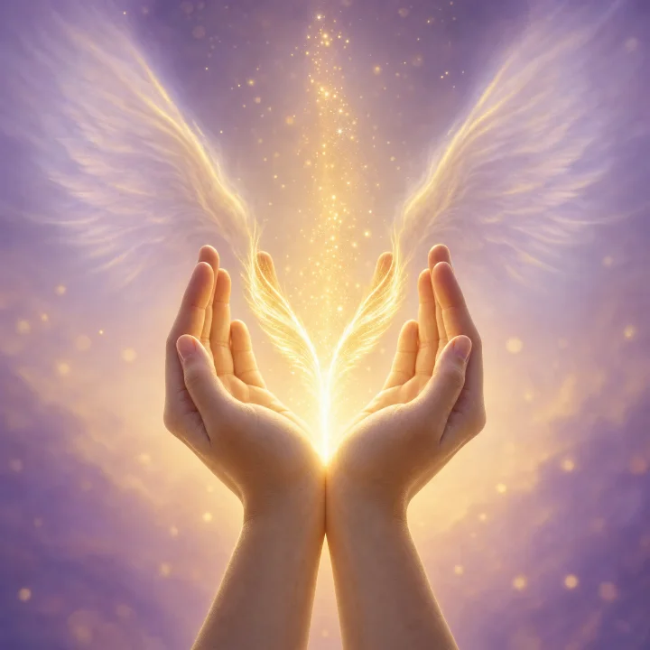 Cupped hands releasing golden light beneath angel wings — intuitive and psychic readings